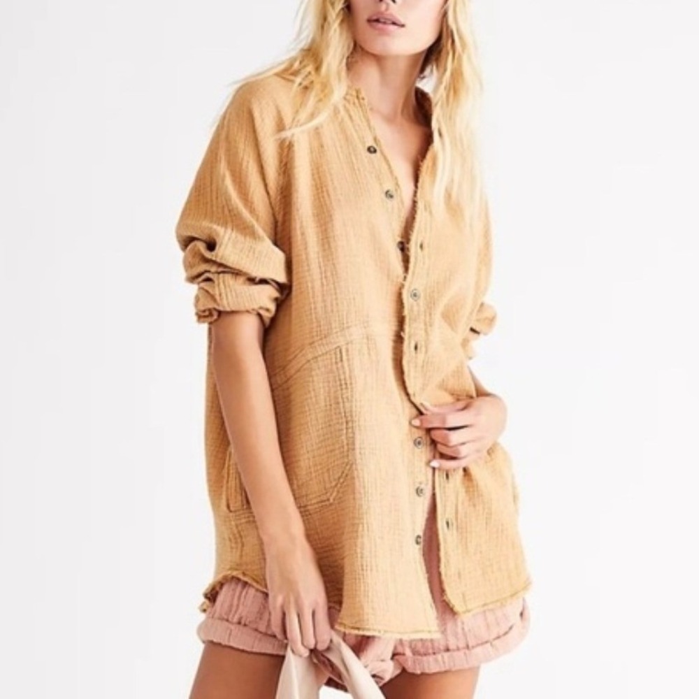 We The Free Free People Summer Daydream Tan Gauze Button Down Tunic Shirt Medium